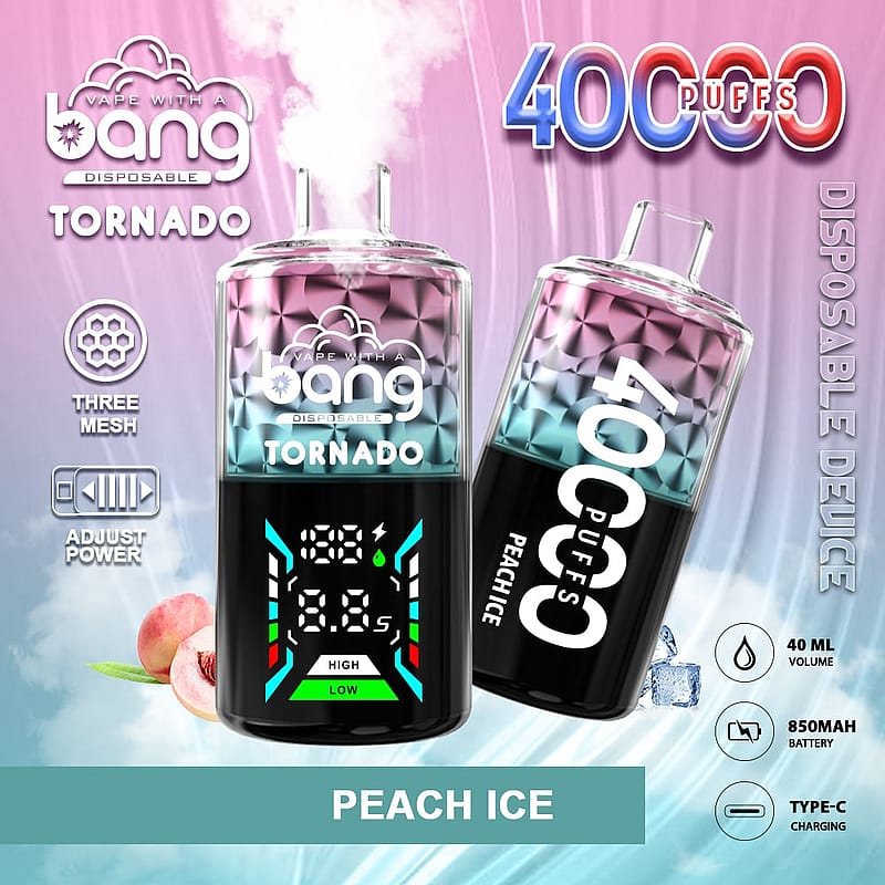 A colorful advertisement for a disposable vape device called "Bang Tornado," featuring a stylized design. The product highlights include "40,000 puffs," "Peach Ice" flavor, and adjustable power settings, with icons indicating battery size (850mAh), volume (40ml), and Type-C charging. The background displays a gradient of colors with a peach graphic.