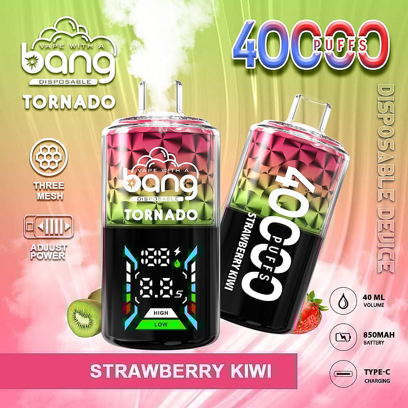 A colorful promotional image for a disposable vape device named "Bang Tornado," featuring the flavor "Strawberry Kiwi." The device is shown with a digital display indicating puff count and battery status. Key features like "40,000 puffs," "40 ML volume," "850 mAh battery," and "Type-C charging" are highlighted, along with icons for three mesh coils and adjustable power. The background transitions from pink to green, with images of strawberries and kiwis.