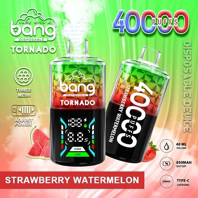 A colorful vape product labeled "Bang Tornado" featuring the flavor "Strawberry Watermelon," with specifications including "40,000 puffs," "40 ML volume," and "850mAh battery." The design shows a digital display with adjustable power settings and graphic elements of strawberries and watermelons in the background.