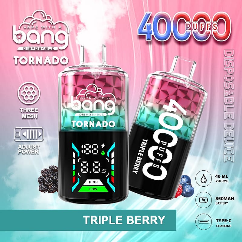 A colorful advertisement for a disposable vape device called "Bang Tornado," featuring a digital display, details about capacity (40,000 puffs), adjustable power, and flavor (Triple Berry). The design includes a gradient background and images of blackberries and berries, highlighting its features and branding.