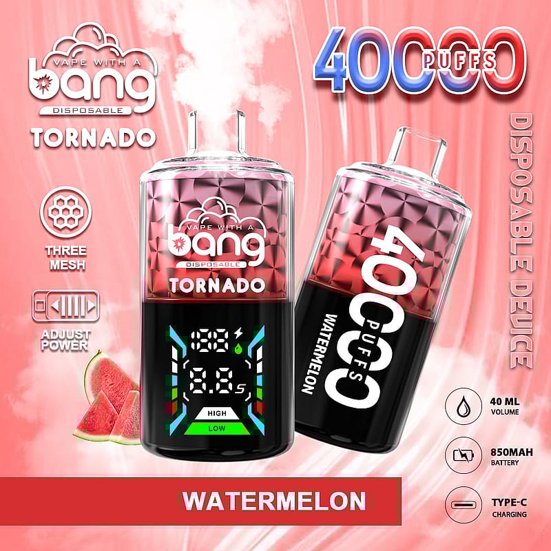 A vivid promotional image featuring two disposable vape devices labeled "Bang Tornado" with a watermelon flavor. The design includes a display showing puff count and power settings, alongside icons for features like "Three Mesh," "Adjust Power," and specifications such as battery capacity and charging type. A slice of watermelon is also visible in the design.