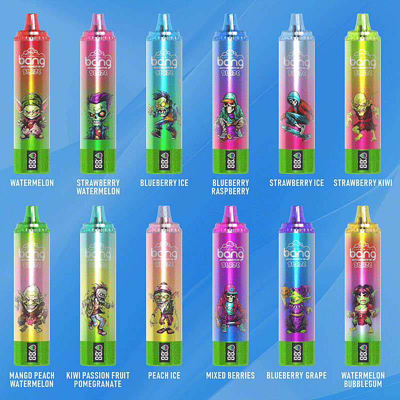 Colorful vape pens with various flavors displayed in two rows, featuring names like Watermelon, Blueberry Ice, Strawberry Kiwi, Mango Peach Watermelon, and Watermelon Bubblegum, each with vibrant character illustrations on the packaging.