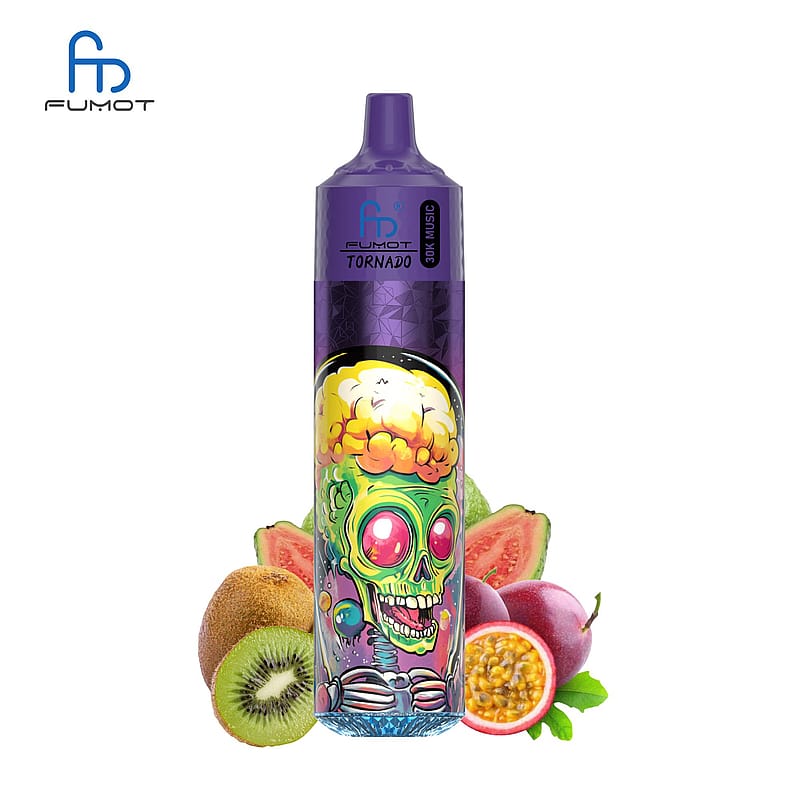 En färgglad vape-enhet med en tecknad skalledesign och hjärna, omgiven av kiwi, guava och passionsfrukt.