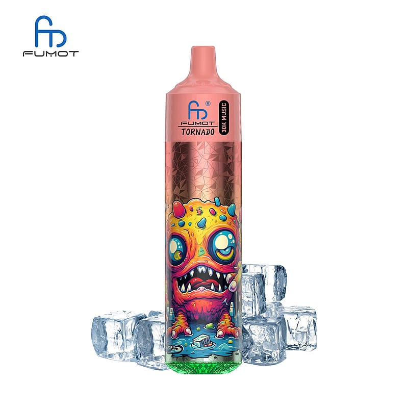 En färgglad vape-enhet med en tecknad monsterdesign, omgiven av isbitar. Enheten har en rosa topp och en grön bas.