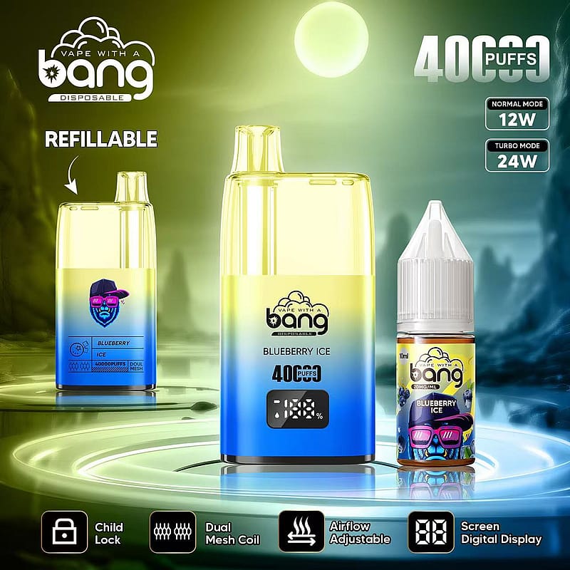 Refillable Bang disposable vape in Blueberry Ice flavor with 40000 puffs, dual mesh coil, adjustable airflow, child lock, digital display, and 10ml e-liquid bottle.