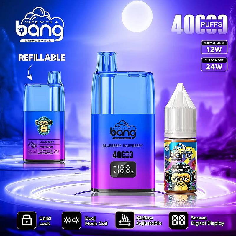 Refillable Bang disposable vape device and e-liquid bottle with blueberry raspberry flavor, featuring 4000 puffs, dual mesh coil, adjustable airflow, child lock, and digital display, set against a purple moonlit background.