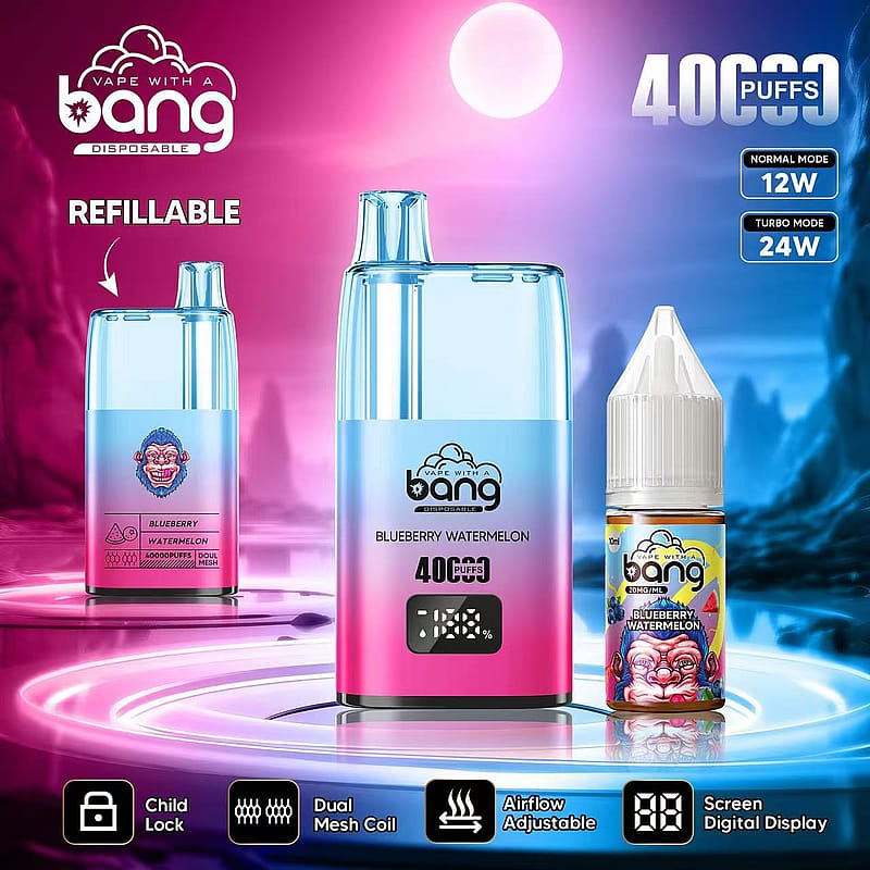 A refillable disposable vape device with "Blueberry Watermelon" flavor, featuring 40000 puffs, dual mesh coil, adjustable airflow, screen digital display, and child lock.