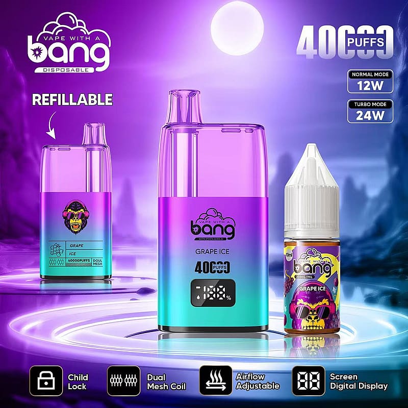 A colorful promotional image featuring a refillable vape device labeled "bang" along with a bottle of grape ice vape juice. The device indicates it can provide 4000 puffs and has settings for normal and turbo modes. There are icons for child lock, dual mesh coil, adjustable airflow, and a digital display showing the battery level. The background is a gradient of purple tones with a stylized moon.
