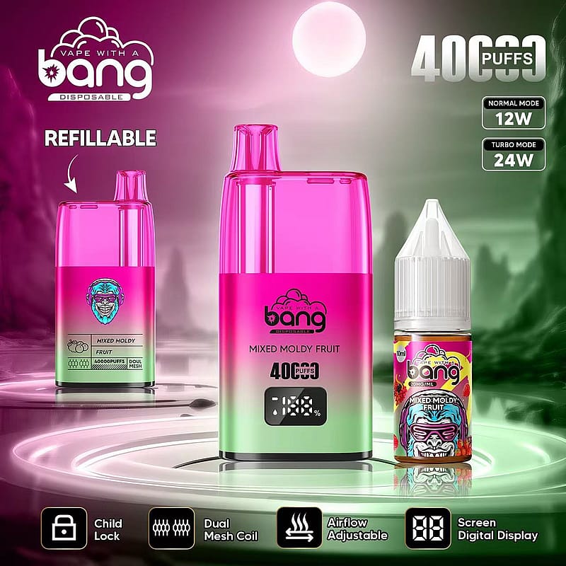 A vibrant product advertisement featuring a refillable vape device identified as "Bang," designed for 4000 puffs, with a flavor labeled "Mixed Moldy Fruit." The product is displayed in a gradient of pink and green colors, alongside a bottle of e-liquid. Key features such as "Child Lock," "Dual Mesh Coil," "Airflow Adjustable," and a digital screen are highlighted. The background has a mystical, ethereal landscape with a large moon.