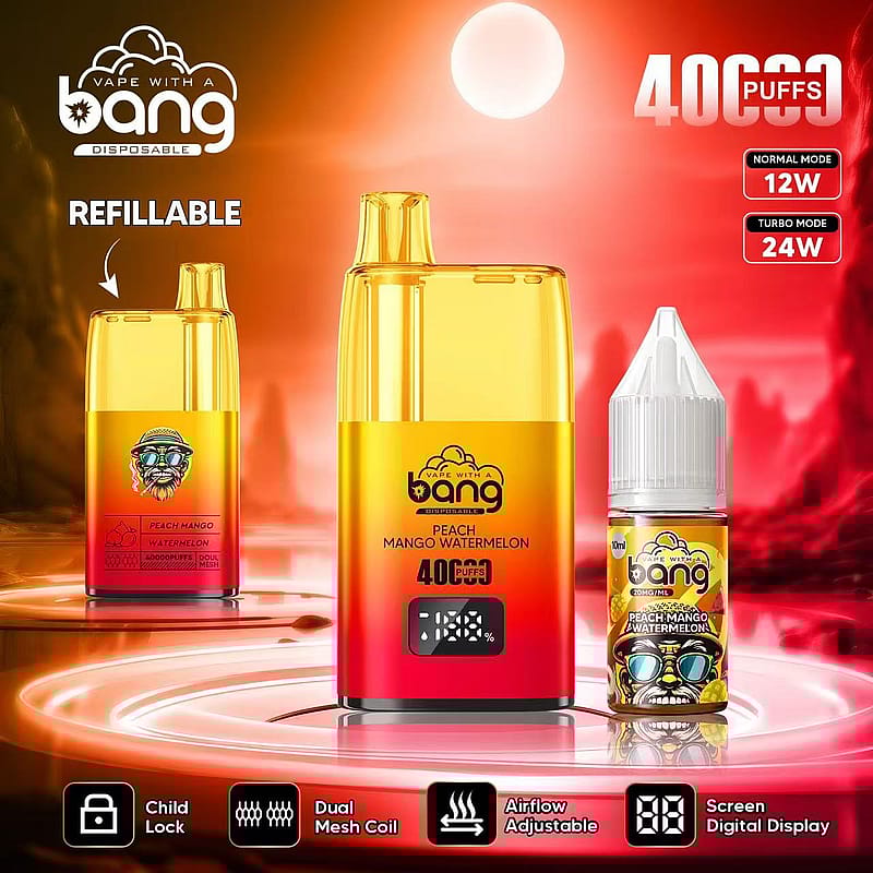 Refillable disposable vape with 40000 puffs, featuring Peach Mango Watermelon flavor, dual mesh coil, adjustable airflow, screen digital display, and child lock.