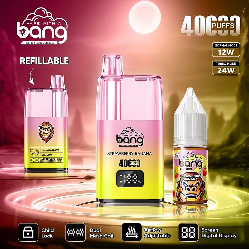 A refillable vape device with "Bang" branding, featuring strawberry banana flavor, 40000 puffs, dual mesh coil, adjustable airflow, child lock, screen display, and accompanying e-liquid bottle.