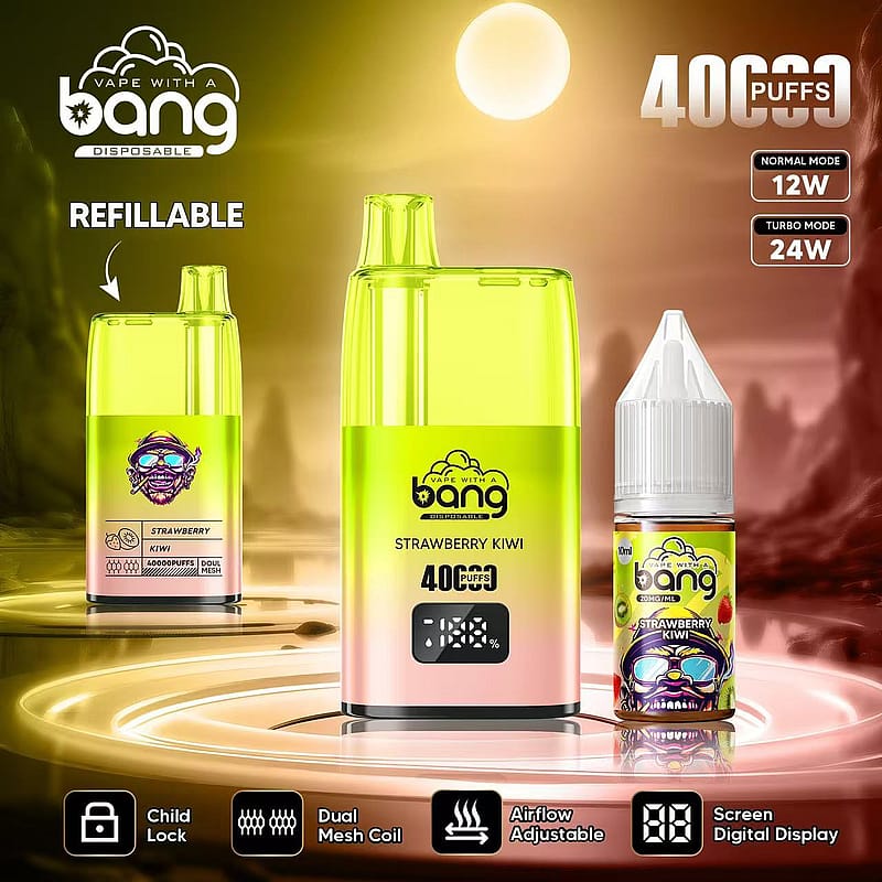 A vibrant promotional image of a refillable "Bang Disposable" vape in Strawberry Kiwi flavor, highlighting 40000 puffs capacity, dual mesh coil, adjustable airflow, child lock, digital display, and two power modes (12W and 24W), alongside a 10ml e-liquid bottle.