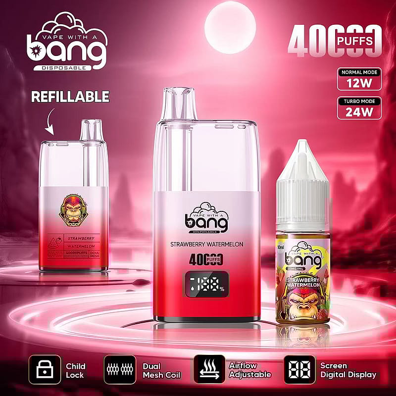 Refillable vape device with strawberry watermelon flavor, featuring 40000 puffs, dual mesh coil, adjustable airflow, digital screen display, child lock, and turbo/normal mode options.