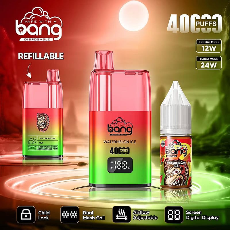 Red and green refillable vape device labeled "Bang Watermelon Ice" with a digital screen showing puff count, accompanied by a matching e-liquid bottle, set against a sunset background.