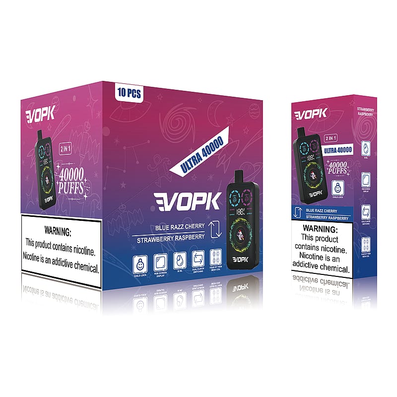 Packaging design for VOPK Ultra 40000 disposable vape featuring "Blue Razz Cherry" and "Strawberry Raspberry" flavors, with a gradient pink and purple background, product image, and a nicotine warning label.