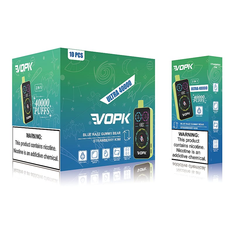 Packaging design for VOPK Ultra 40000 disposable vape featuring Blue Razz Gummy Bear and Strawberry Kiwi flavors, with text highlighting "40000 Puffs" and a nicotine warning label.