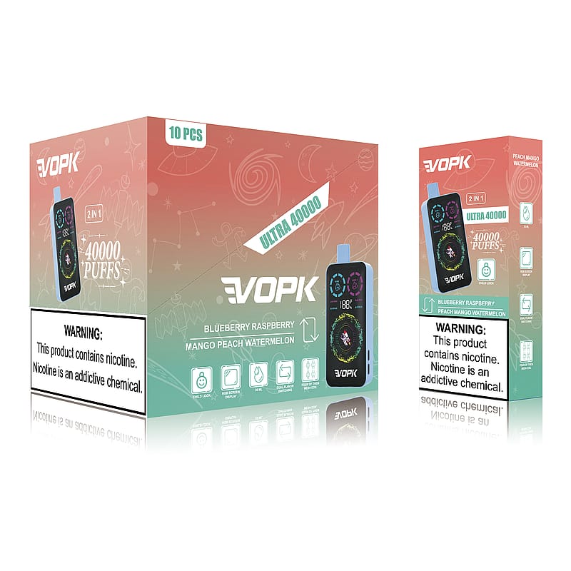 Packaging of a VOPK vaping product featuring "Ultra 40000" puffs, flavors like blueberry raspberry and mango peach watermelon, with a nicotine warning label stating "Nicotine is an addictive chemical."