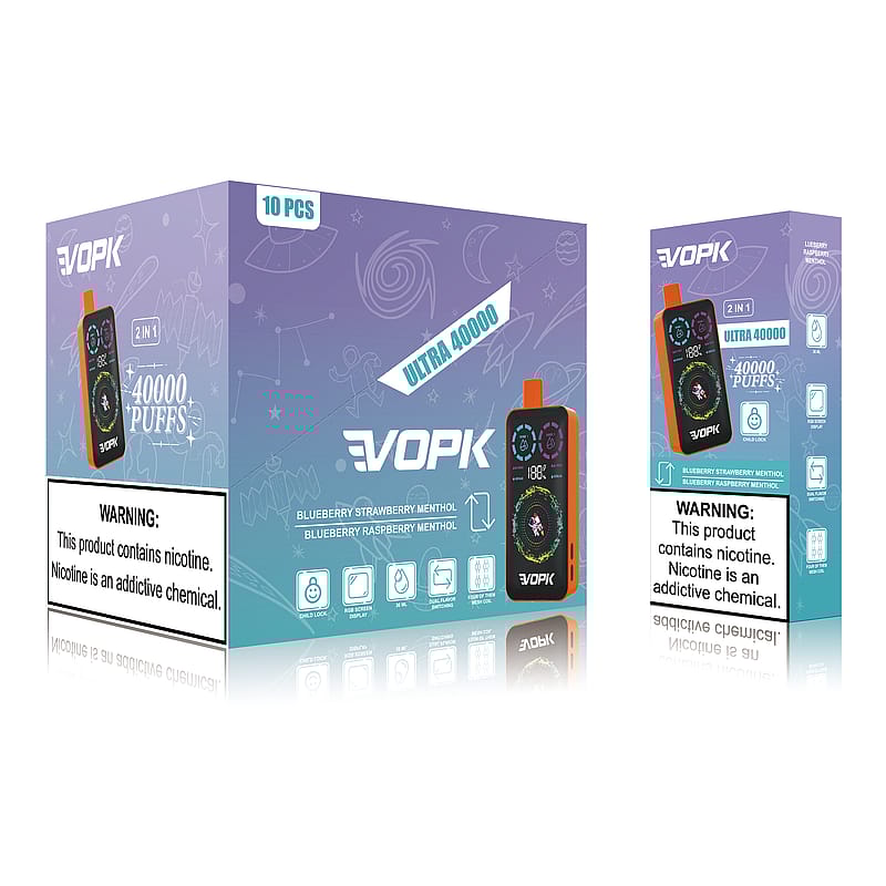 Packaging for a disposable vape product labeled "VOPK Ultra 40000" featuring blueberry strawberry menthol and blueberry raspberry menthol flavors, with a warning about nicotine being an addictive chemical.