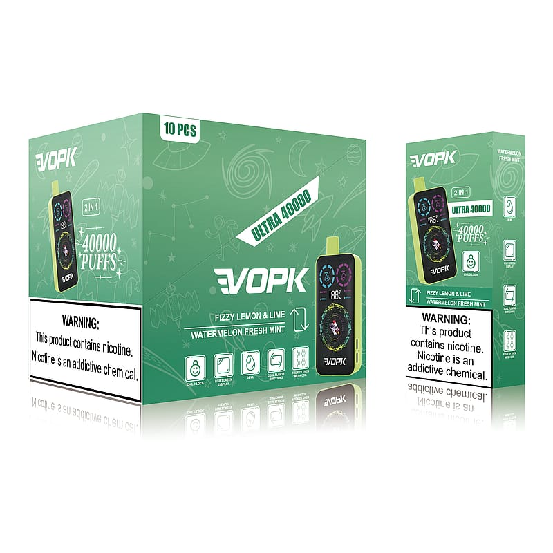 Green packaging for VOPK Ultra 40000 with "Fizzy Lemon & Lime" and "Watermelon Fresh Mint" flavors, featuring a product image, 40000 puffs label, and nicotine warning.