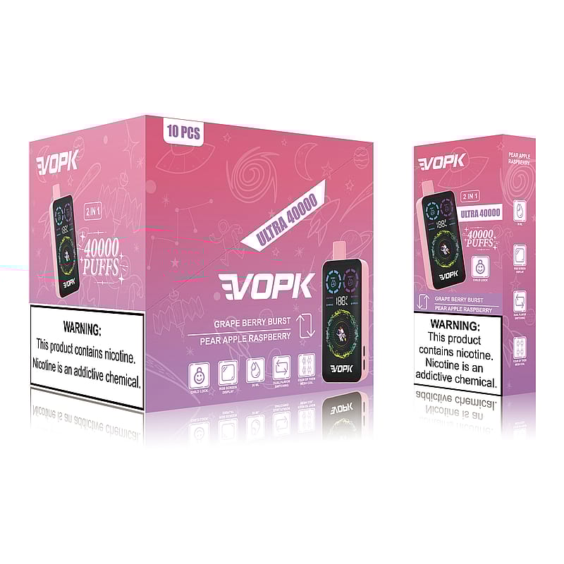 Packaging for VOPK Ultra 40000 disposable vape featuring "2 in 1" flavors Grape Berry Burst and Pear Apple Raspberry, with a prominent warning about nicotine being an addictive chemical.