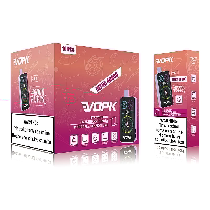 Packaging design for VOPK Ultra 40000 disposable vape with strawberry, cranberry cherry, and pineapple passion lime flavors, featuring "40,000 puffs" text, product image, and a nicotine warning label.