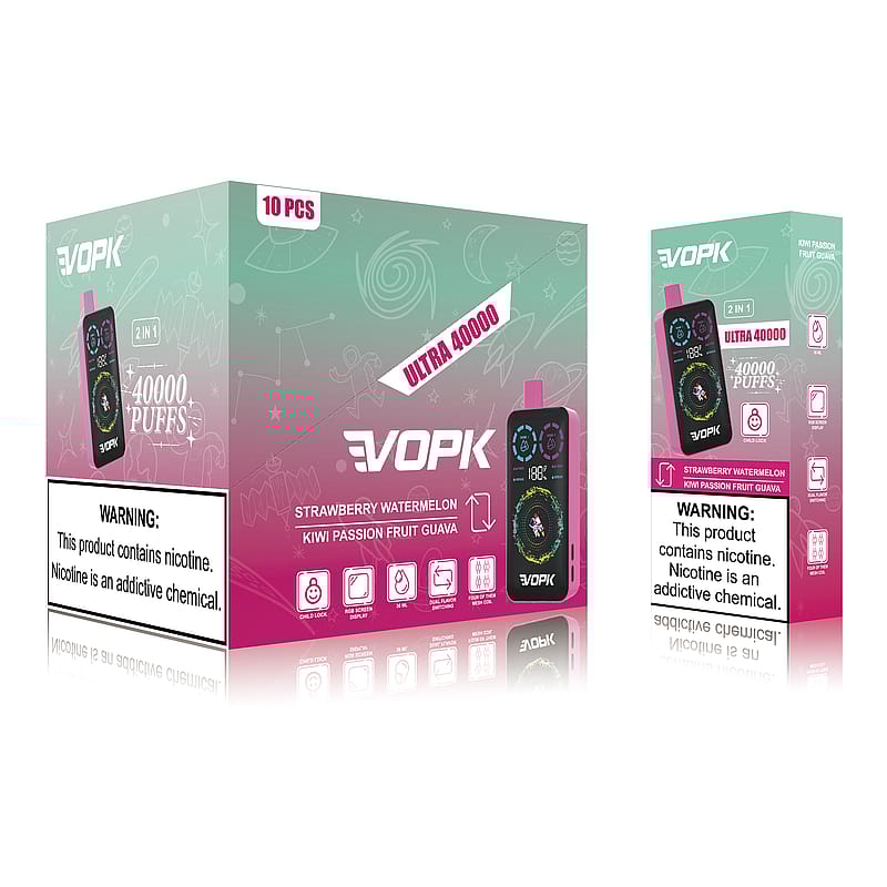 Packaging design for VOPK Ultra 40000 puffs disposable vape featuring strawberry watermelon and kiwi passion fruit guava flavors, with nicotine warning label and product illustrations.