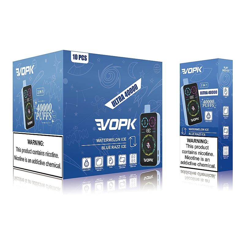 A blue and black vape product box featuring "VOPK" branding, labeled "Watermelon Ice" and "Blue Razz Ice," with warnings about nicotine and its addictive properties. The box displays "Ultra 40000" and "40,000 puffs," indicating the product's puff capacity.