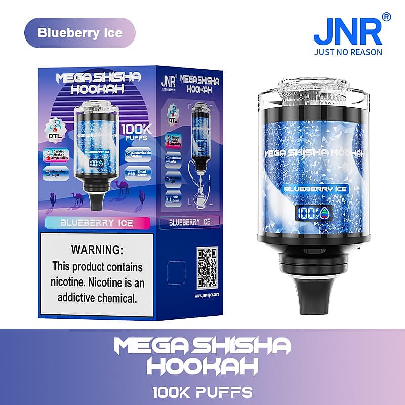 A package design for a product called "Mega Shisha Hookah" with a flavor labeled "Blueberry Ice." The package features a blue and purple color scheme, an image of the product, and text indicating it offers "100K puffs." There is a warning about nicotine and a QR code on the side.