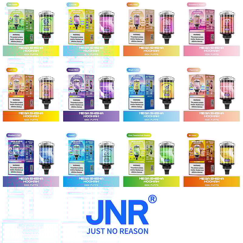 A collection of JNR Mega Shisha Hookah disposable vape devices in various flavors, each displayed with colorful packaging and labeled "100X PUFFS," accompanied by the JNR logo and slogan "Just No Reason."