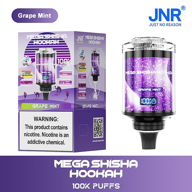 Mega Shisha Hookah device in "Grape Mint" flavor, featuring 100,000 puffs, a digital screen, customizable airflow, and a warning about nicotine content.