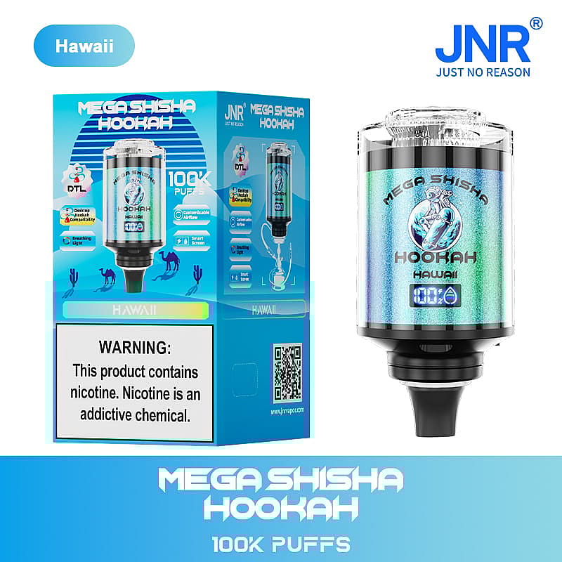 Packaging and product of "Mega Shisha Hookah Hawaii" with 100K puffs displayed, including a nicotine warning label, blue branding, and device features shown on the box.