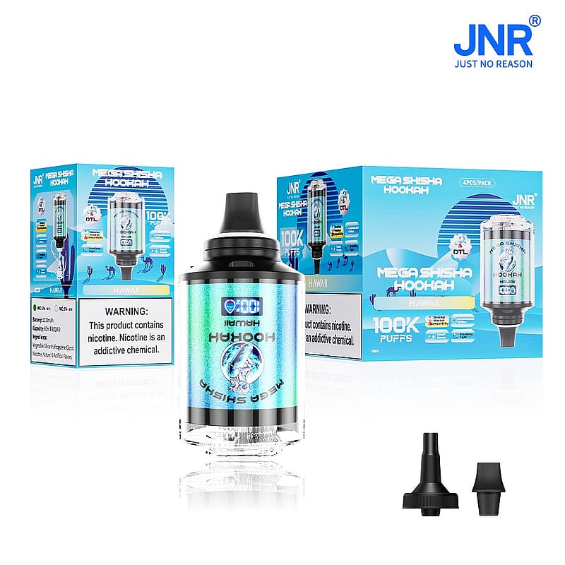 A product display featuring a vaping device labeled "Mega Shisha HooHooH" with a digital screen, surrounded by two colorful packaging boxes and two different mouthpieces on a reflective surface.
