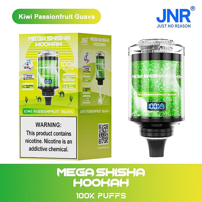 Kiwi Passionfruit Guava Mega Shisha Hookah packaging featuring a green design, product image, "100K PUFFS" text, and nicotine warning label.