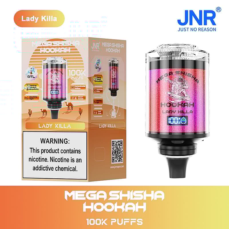 A pink and orange "Mega Shisha Hookah" device with 100K puffs, featuring a digital screen and astronaut design, alongside its branded packaging that includes a nicotine warning.