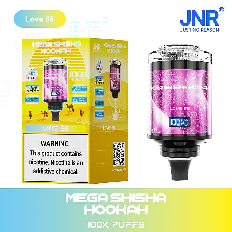 A colorful packaging design for "Mega Shisha Hookah" labeled as "Love 66," featuring an illustration of the device, a warning about nicotine, and icons indicating features like "Desktop Compatibility" and "100K Puffs." The background includes a gradient color scheme.