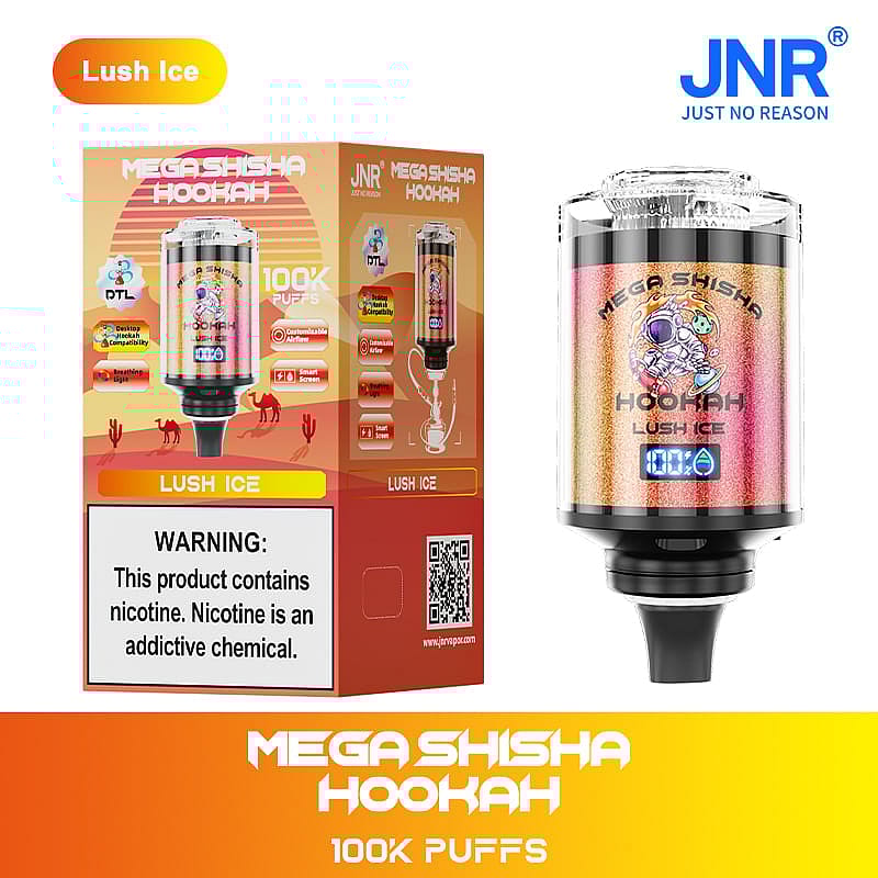 Packaging and device of the "Mega Shisha Hookah Lush Ice" product with 100K puffs, featuring a colorful design, desert-themed box, and nicotine warning label.