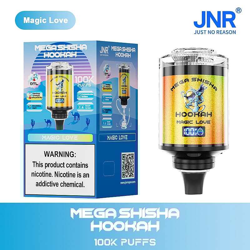 A detailed product image of a "Mega Shisha Hookah" labeled "Magic Love," featuring a colorful design with a digital display indicating "100K PUFFS." The product is accompanied by a box displaying similar branding, a warning about nicotine, and various icons indicating features like compatibility and an LED light.