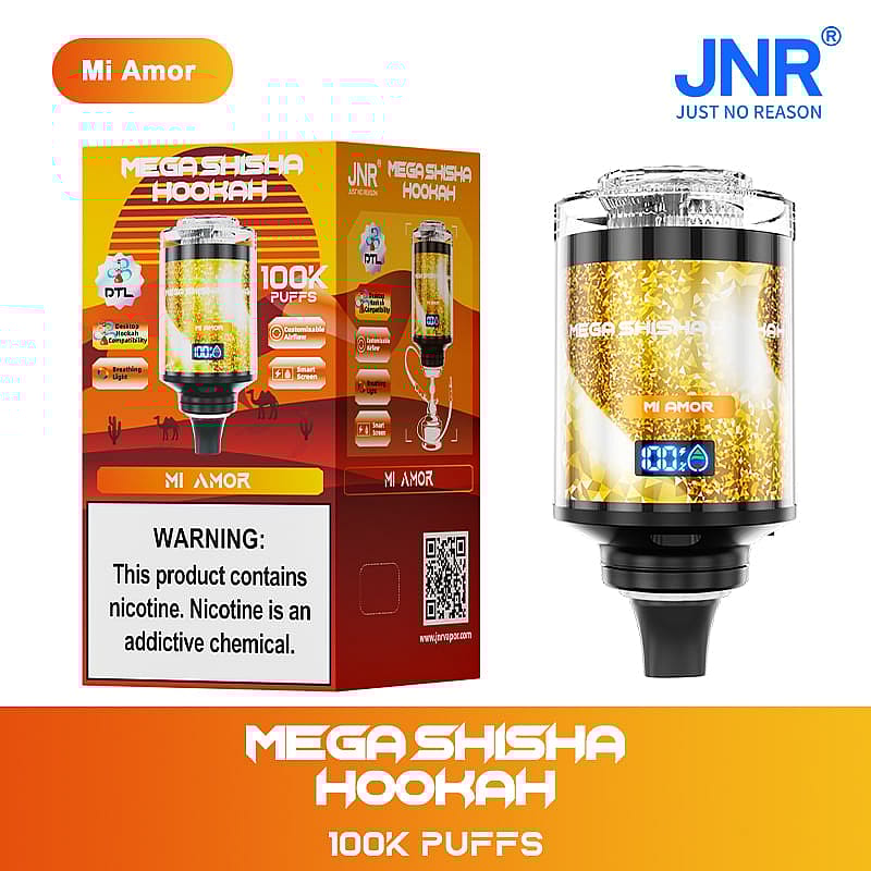 Mega Shisha Hookah device with 100K puffs capacity, featuring a golden design, customizable airflow, smart screen, and warning label about nicotine addiction, displayed alongside its packaging.