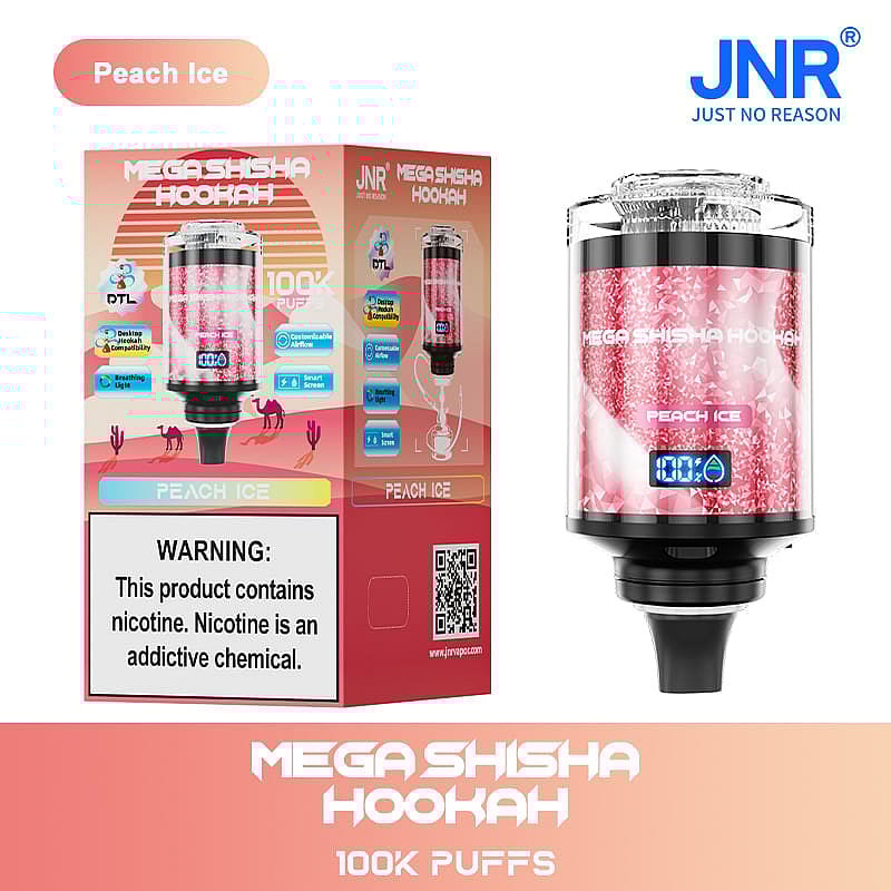 "Peach Ice Mega Shisha Hookah device and packaging, featuring 100K puffs, customizable airflow, smart screen, and nicotine warning."