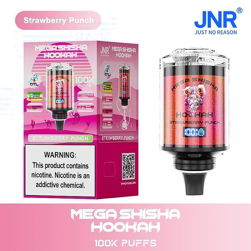 Packaging and product display of "Mega Shisha Hookah" in strawberry punch flavor, featuring 100,000 puffs, vibrant pink design, nicotine warning label, and a digital screen on the device.