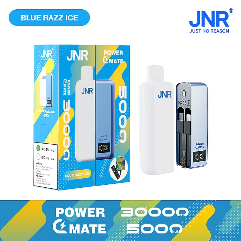 "Blue Razz Ice JNR Power Mate device and packaging with 5000mAh capacity and 30000 puffs displayed."