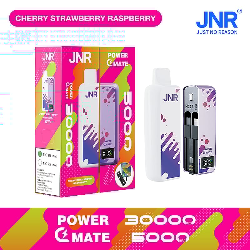 Cherry Strawberry Raspberry flavored JNR Power Mate disposable vape device with 30,000 puffs and 5000mAh battery, featuring vibrant packaging and dual cartridge design.
