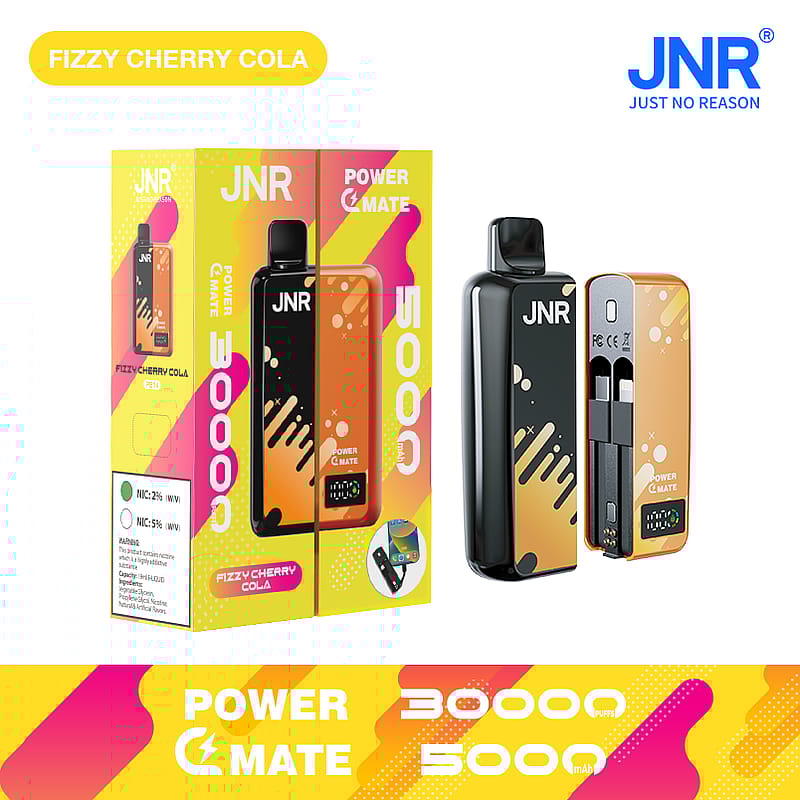 "JNR branded vape device with orange design, labeled 'Fizzy Cherry Cola,' showing 30000 puffs and 5000mAh capacity, alongside colorful packaging and product details."