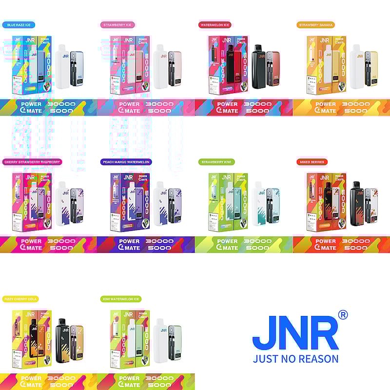 Display of various JNR branded vape devices in colorful packaging with different flavor labels, including Blue Razz Ice, Strawberry Ice, Watermelon Ice, Strawberry Banana, Cherry Strawberry Raspberry, Peach Mango Watermelon, Strawberry Kiwi, Mixed Berries, Fizzy Cherry Cola, and Kiwi Watermelon Ice.