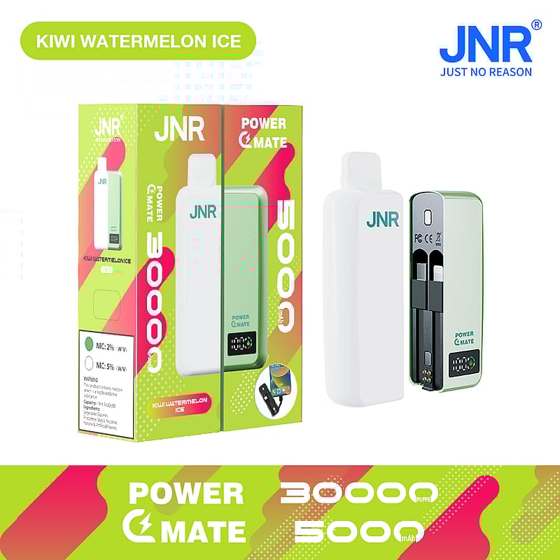 "JNR Kiwi Watermelon Ice vape device and packaging, highlighting 30,000 puffs and 5000mAh capacity."