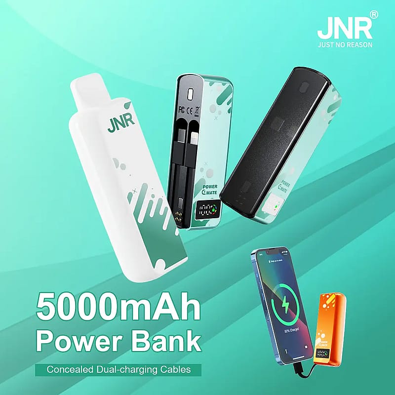 "JNR 5000mAh power bank with concealed dual-charging cables and phone charging demonstration."