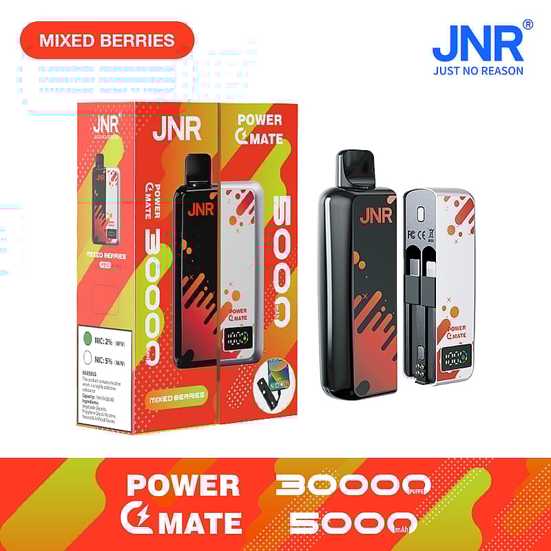 JNR Power Mate vaping device packaging featuring "Mixed Berries" flavor, with a sleek black and white device and 30,000 puffs indicated.