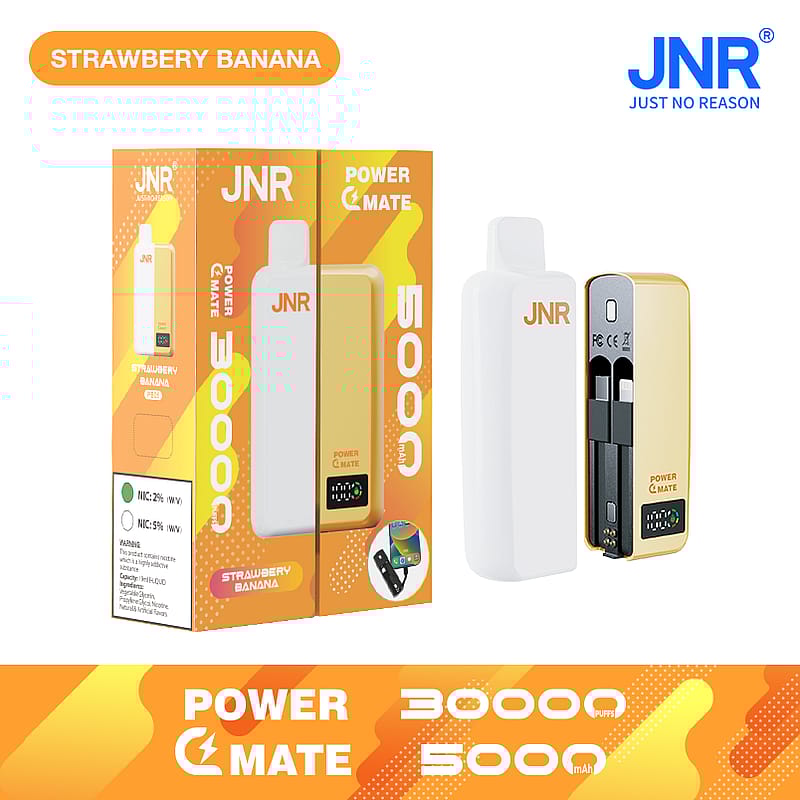 JNR Power Mate Strawberry Banana 5000mAh rechargeable vaping device packaging with a digital display, featuring 30,000 puffs and nicotine options of 2% and 5%.