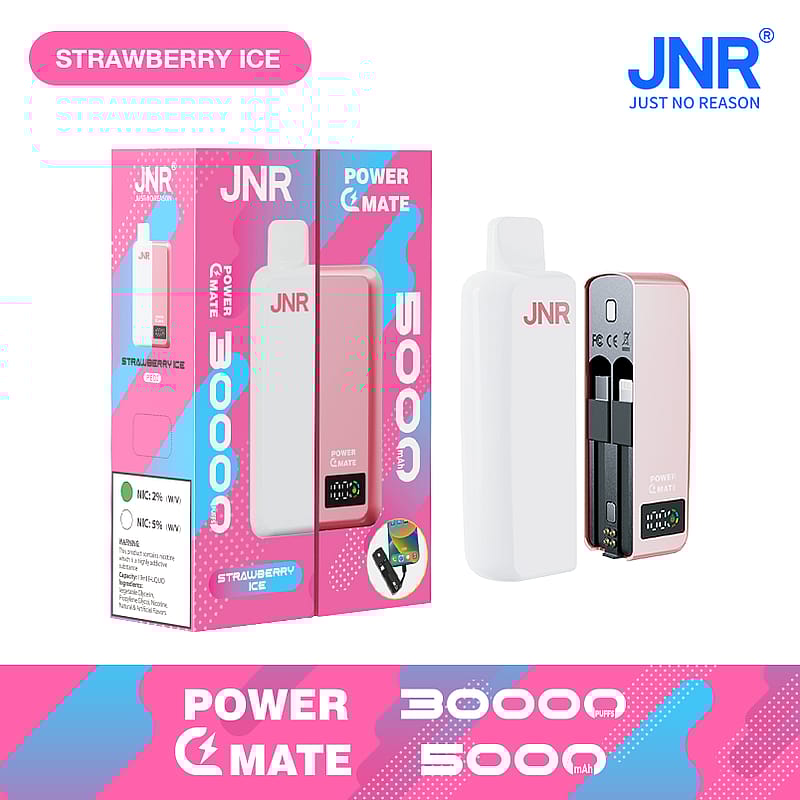 JNR Power Mate 30000 puffs, 5000mAh device in Strawberry Ice flavor with packaging.