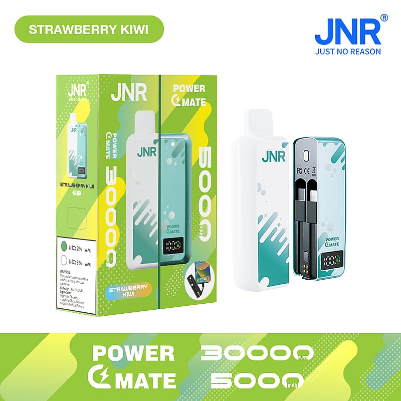 Packaging and device of JNR Power Mate Strawberry Kiwi with 5000mAh capacity.